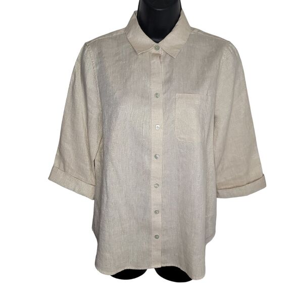 Chico’s Nwot No-Iron Fresh Chic Metalic Gold Linen Blouse 00 (Xs) - Picture 1 of 8